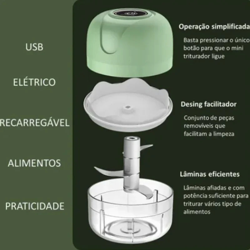 Mini Processador Elétrico de Alimentos Portátil com 3 lâminas de aço inox USB 250 ml