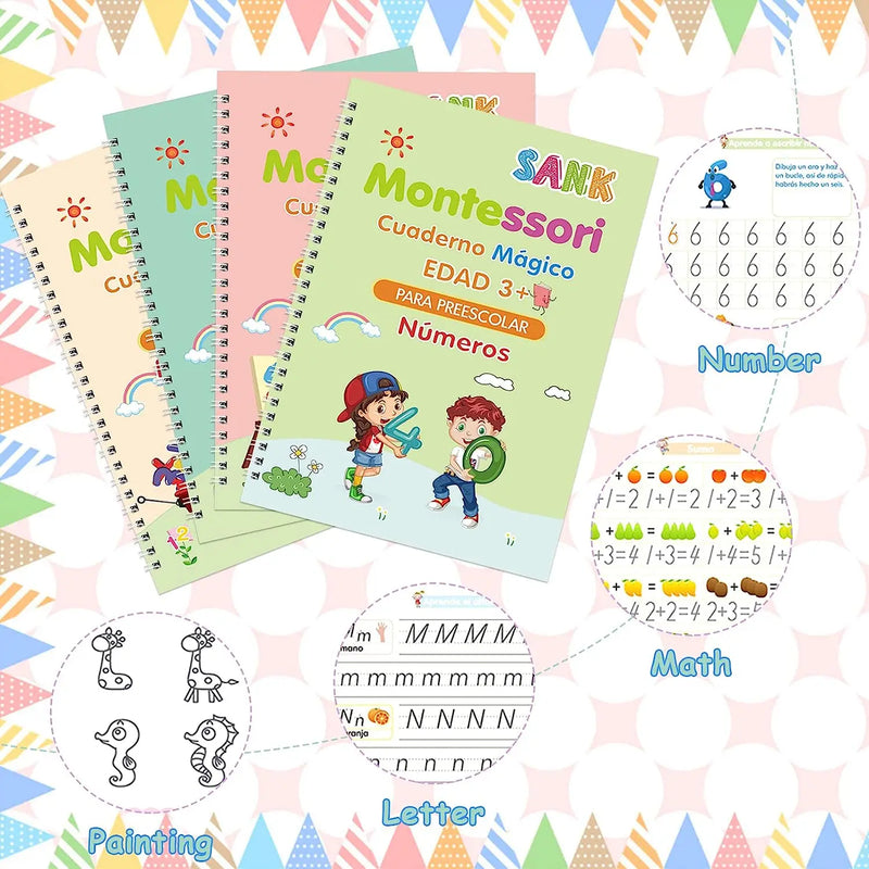 Caderno de Caligrafia Mágicos Reutilizável - Kit com 4 Cadernos